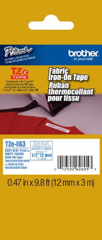 TZ Industrial Series Fabric Iron-On Tape, Navy-on-White, 1/2 x 9.8ft