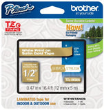 Brother Laminated Tape, 12mm (0.47 Inch), White on Satin Gold (TZeMQ835) - Retail Packaging